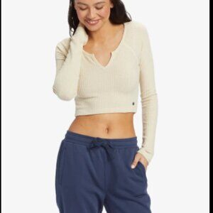 Roxy - Long Sleeve Cropped Waffle Top Solid Crew Neck Top
